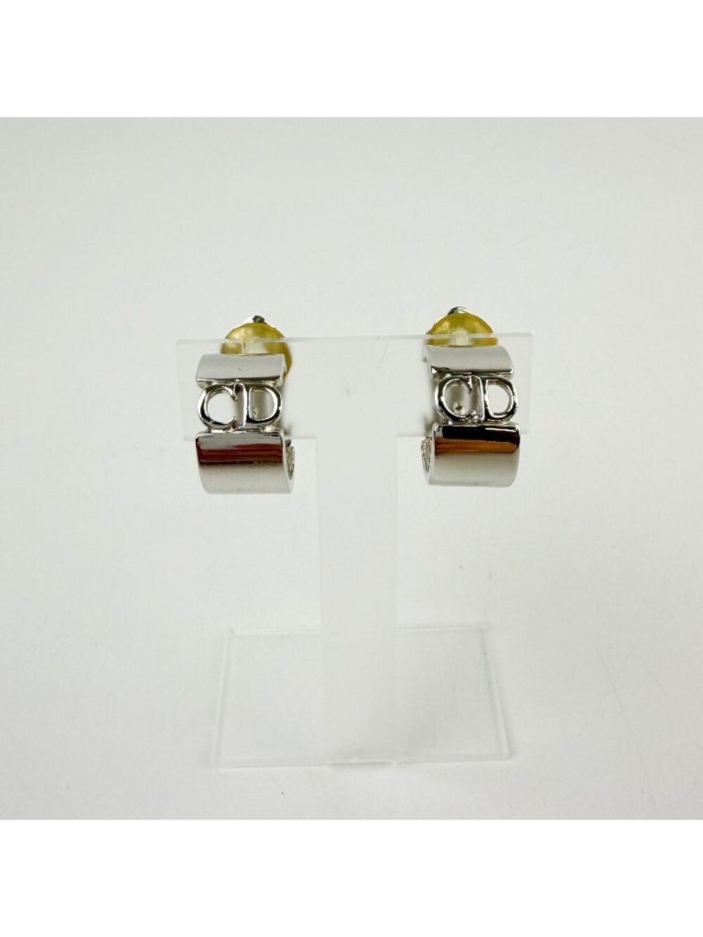 Dior CD Logo Watermark Hoop Clip-On Earrings Plated Silver Vintage